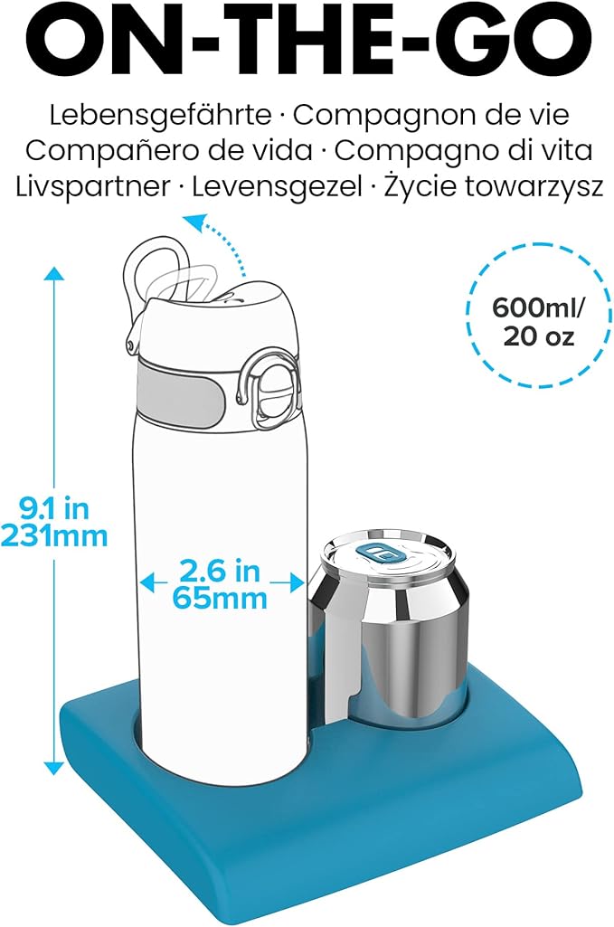 ION8 Steel Water Bottle, 600 ml/20 oz, Leak Proof, Easy to Open, Secure Lock, Dishwasher Safe, Flip Cover, Fits Cup Holders, Carry Handle, Durable, Scratch Resistant, Carbon Neutral, Teal Green