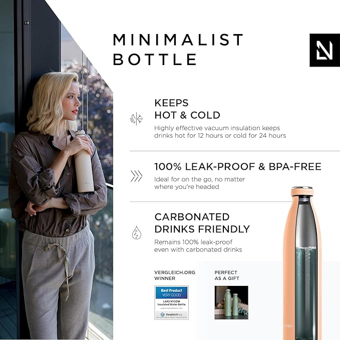 LARS NYSØM Stainless Steel Insulated Water Bottle 12oz 17oz 25oz 34oz 51oz | BPA-free Insulated Thermo Flask for Hot and Cold Beverages | Leakproof Drinking Bottle (Creamy Peach, 34oz)