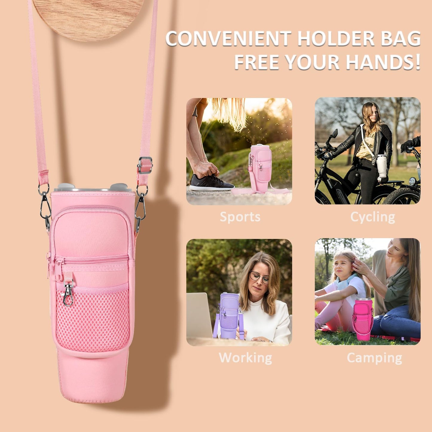 WEREWOLVES Water Bottle Carrier Bag with Phone Pocket for Stanley 40 oz Tumbler, Water Bottle Holder with Adjustable Strap & Paracord Handle, Neoprene Holder for Stanley Cup Accessories (Pink)