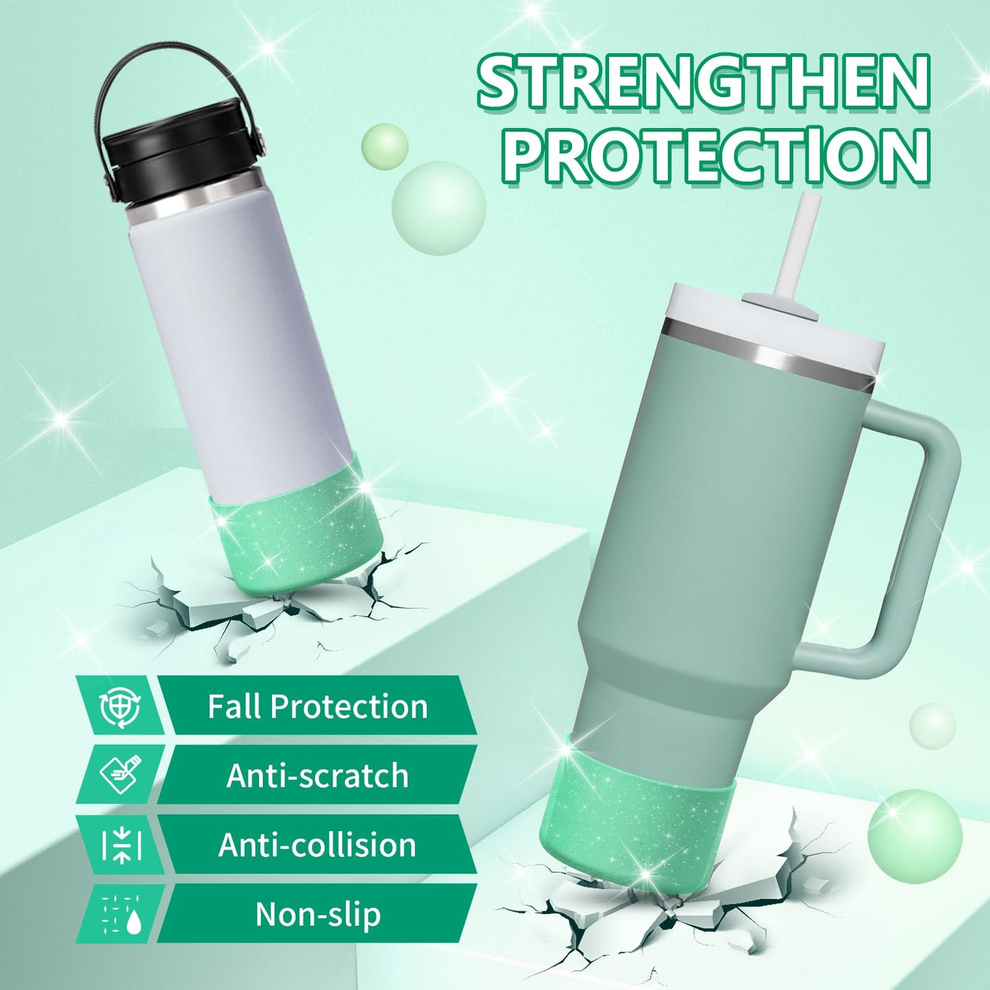 WUQID Protective Bling Silicone Boot Sleeve, Compatible with Stanley Tumbler 20-40oz & Hydro Flask Bottle 12oz-24oz, Glitter Reduces Dents Sleeve Cover for More Bottles/Tumblers Bottom of 2.83-2.95in