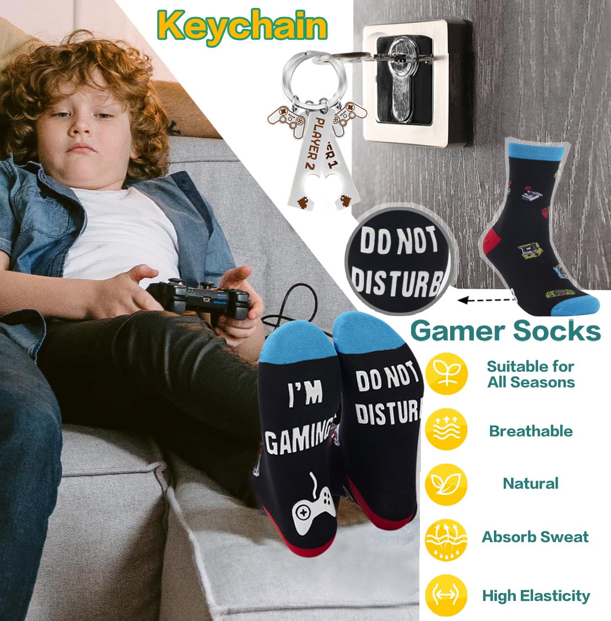 7 Pcs Gamer Gifts Set - Gaming Kids Water Bottle, Funny Cap, Socks, Keychain,Cool Gaming Stuff Accessories and Gift Box for Christmas Birthday School Classroom Men Dad Teen Boy Boyfriend Gamer Lover