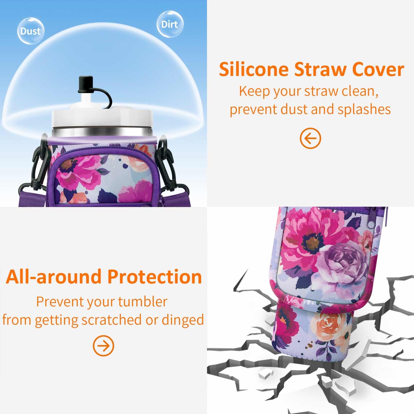 AceTreker Water Bottle Sling Bag with Paracord Handle for Stanley 30/40 oz Tumbler Insulated Thermos Car Mug Carrier Pouch with Phone Pocket & Straw Cap for Stanley Cup Accessories-Purple Rose