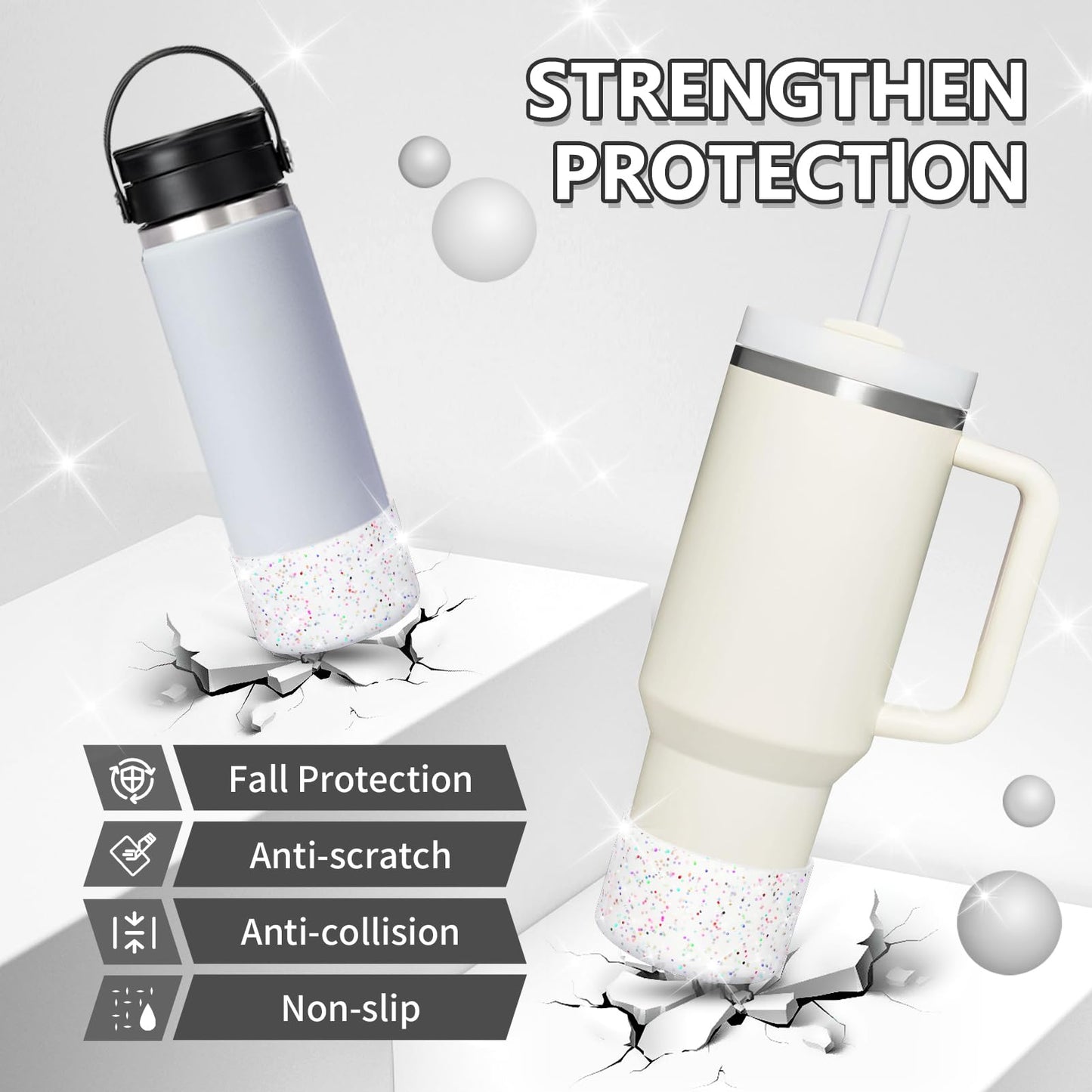 WUQID 2 Pack Bling Silicone Boot Compatible with Stanley Quencher Adventure 40oz & Stanley IceFlow 20oz 30oz, Reduces Dents Protective Silicone Water Bottle Bottom Cover Sleeve