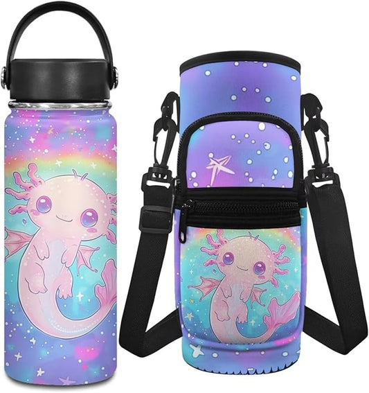Axolotl Insulated Water Bottle for Kids 18 OZ Salamander Water Bottle Girls 6-8/8-10 Cute 2 Pcs Water Bottle Holder Carrier Sling Water Bottle Pouch Sleeve