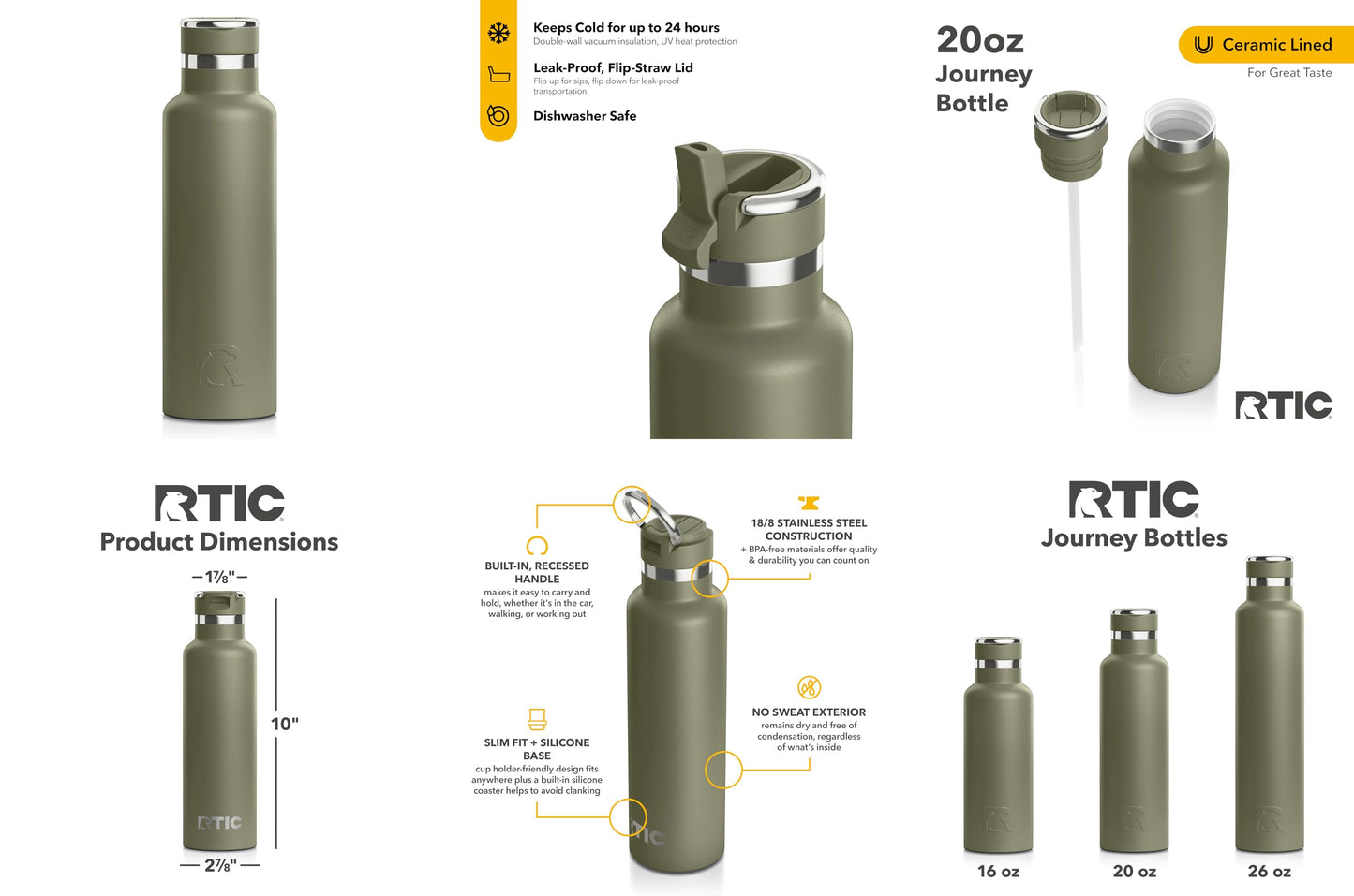 RTIC 20oz Journey Bottle Metal Stainless Steel Vacuum Insulated, BPA Free, Reusable, for Water, Hot and Cold Drinks, Travel, Sports, Camping, Olive