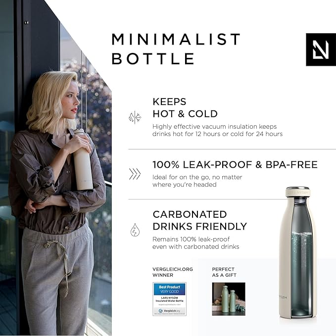 LARS NYSØM Stainless Steel Insulated Water Bottle 12oz 17oz 25oz 34oz 51oz | BPA-free Insulated Thermo Flask for Hot and Cold Beverages | Leakproof Drinking Bottle (Buttercream, 17oz)