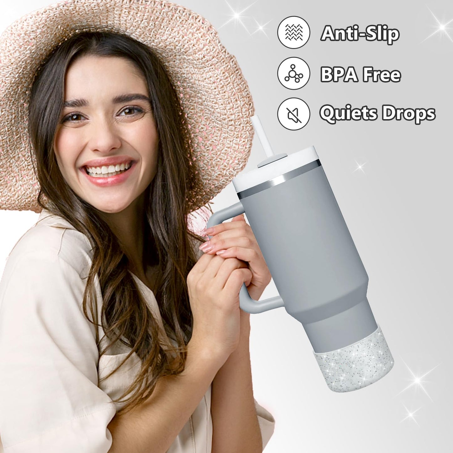 WUQID 2 Pack Bling Silicone Boot Compatible with Stanley Quencher Adventure 40oz & Stanley IceFlow 20oz 30oz, Reduces Dents Protective Silicone Water Bottle Bottom Cover Sleeve