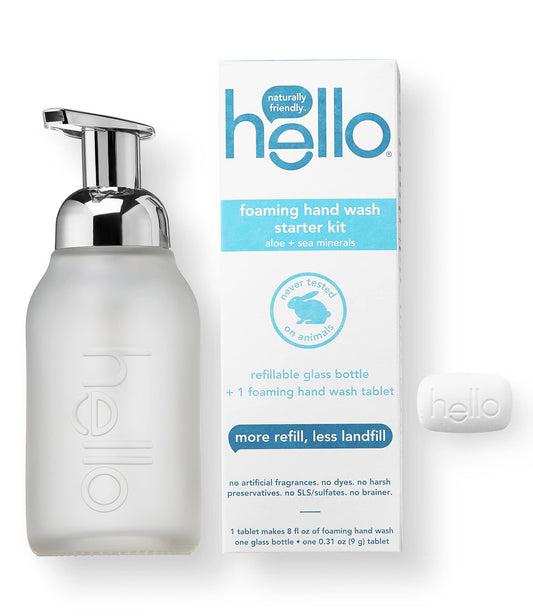 hello Foaming Hand Soap Tablet Starter Kit, Refillable Glass Bottle with 1 Aloe & Sea Minerals Foaming Hand Soap Tablet Refill Hand Soap, Eco Friendly, Plastic-Free, Vegan & SLS Free