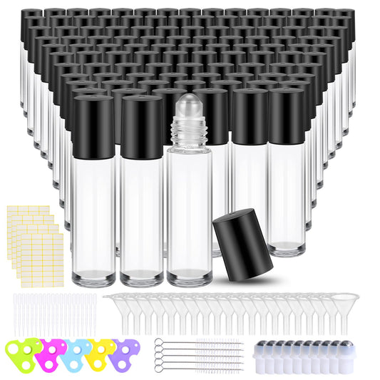 Olutacot 150 Pcs Essential Oil Roller Bottles 10 ml Leakproof Empty Glass Roll on Bottles with Stainless Steel Roller Balls with 20 Funnels 20 Droppers 5 Opener for Travel Perfume Essential Oil