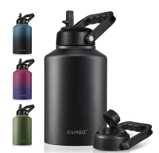 CIVAGO Gallon Insulated Water Bottle Jug with Straw, 128 oz Large Stainless Steel Sports Metal Water Canteen with Handle, Big Thermal Water Cup Mug with 2 Lids for Camping & Fishing, Black
