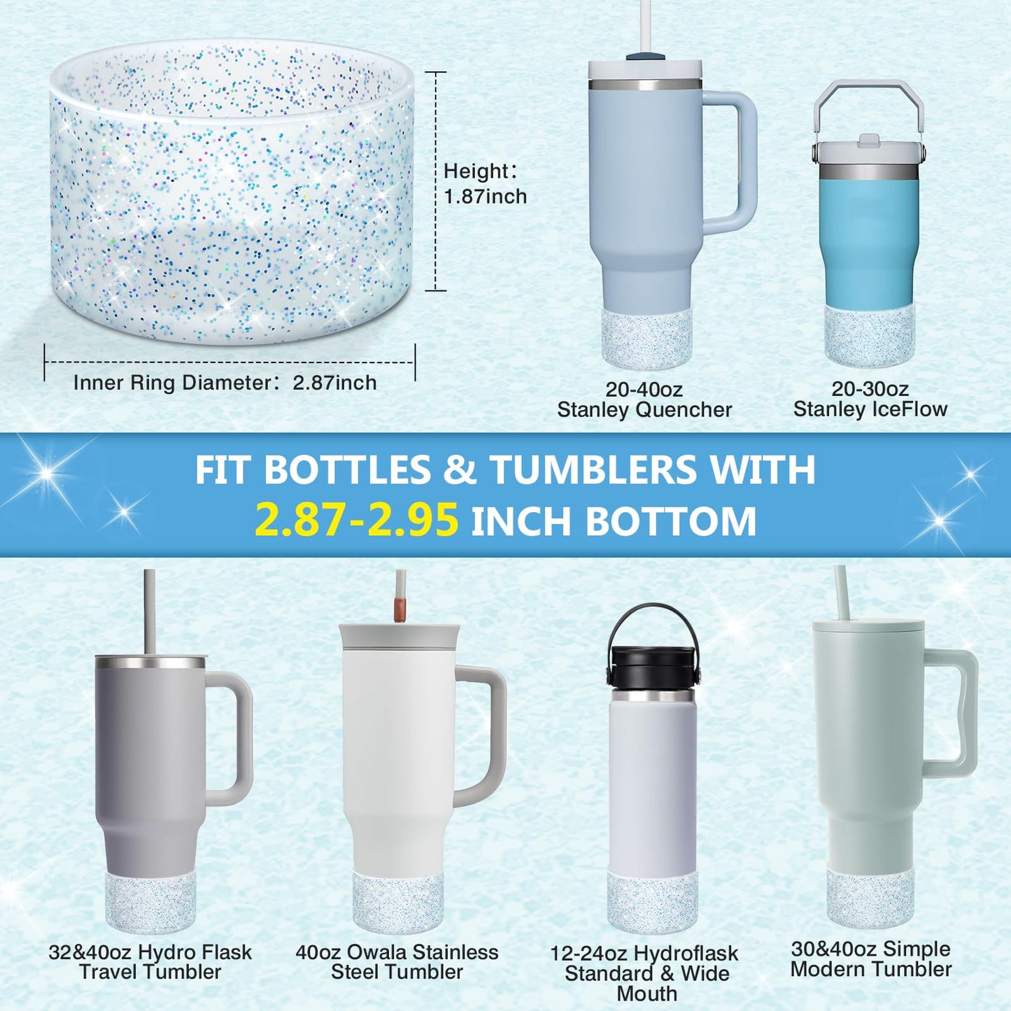 WUQID 2 Pack Bling Silicone Boot Compatible with Stanley Quencher Adventure 40oz & Stanley IceFlow 20oz 30oz, Reduces Dents Protective Silicone Water Bottle Bottom Cover Sleeve