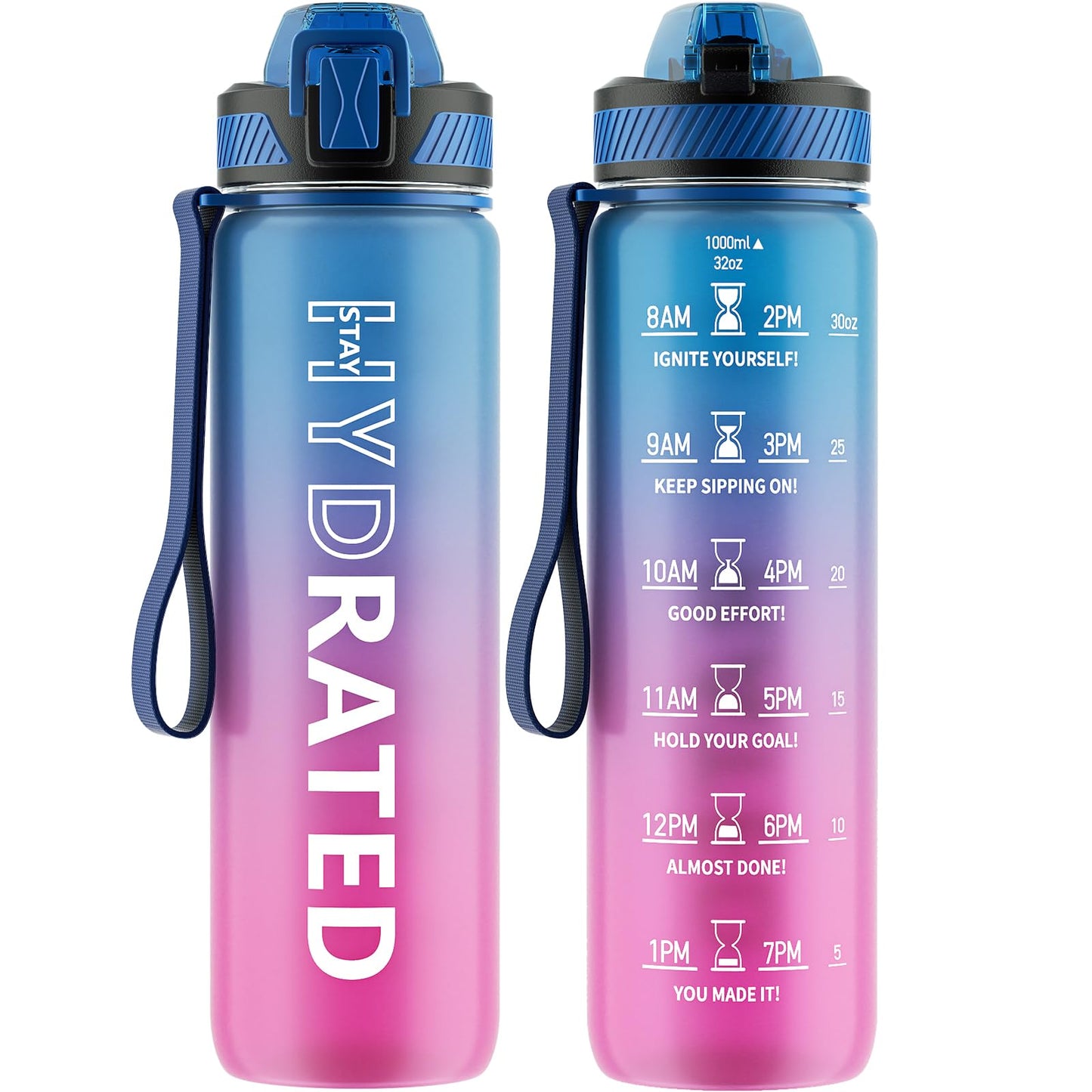 QLUR Water Bottle with Straw, 32 oz Motivational Water Bottles with Time Marker to Drink, Tritan BPA Free, 1L Sports Water Bottle with Carry Strap LeakProof for Women Gym Fitness Outdoor (1 Pack)