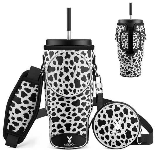 Meoky Water Bottle Carrier Bag with Phone Pocket for 40 oz Tumbler with Handle, Neoprene Water Bottle Holder Pouch with Adjustable Strap, 2 Carabiner Clips (Cow)