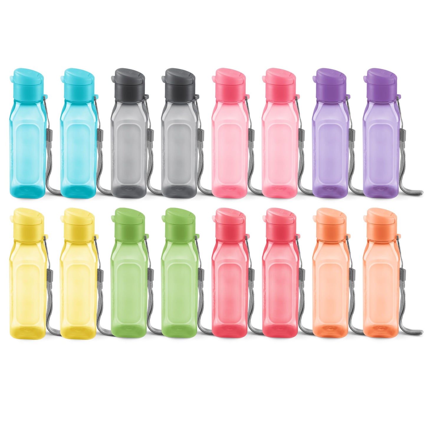 Bulk Set of 16 Multicolor 10oz Water Bottles for Kids and Adults - Leak Proof With Carry Strap - Square Reusable for Juice, Drinks - BPA-Free Dishwasher-Safe