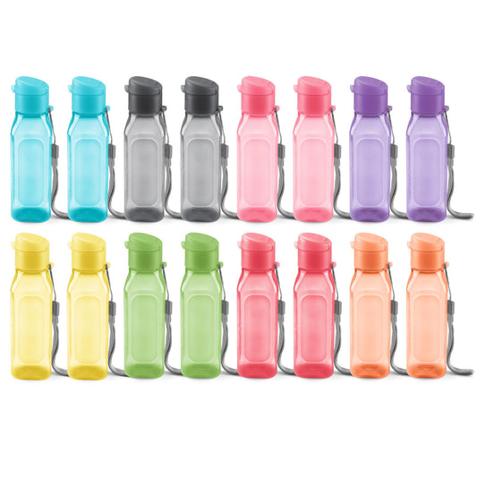 Bulk Set of 16 Multicolor 10oz Water Bottles for Kids and Adults - Leak Proof With Carry Strap - Square Reusable for Juice, Drinks - BPA-Free Dishwasher-Safe