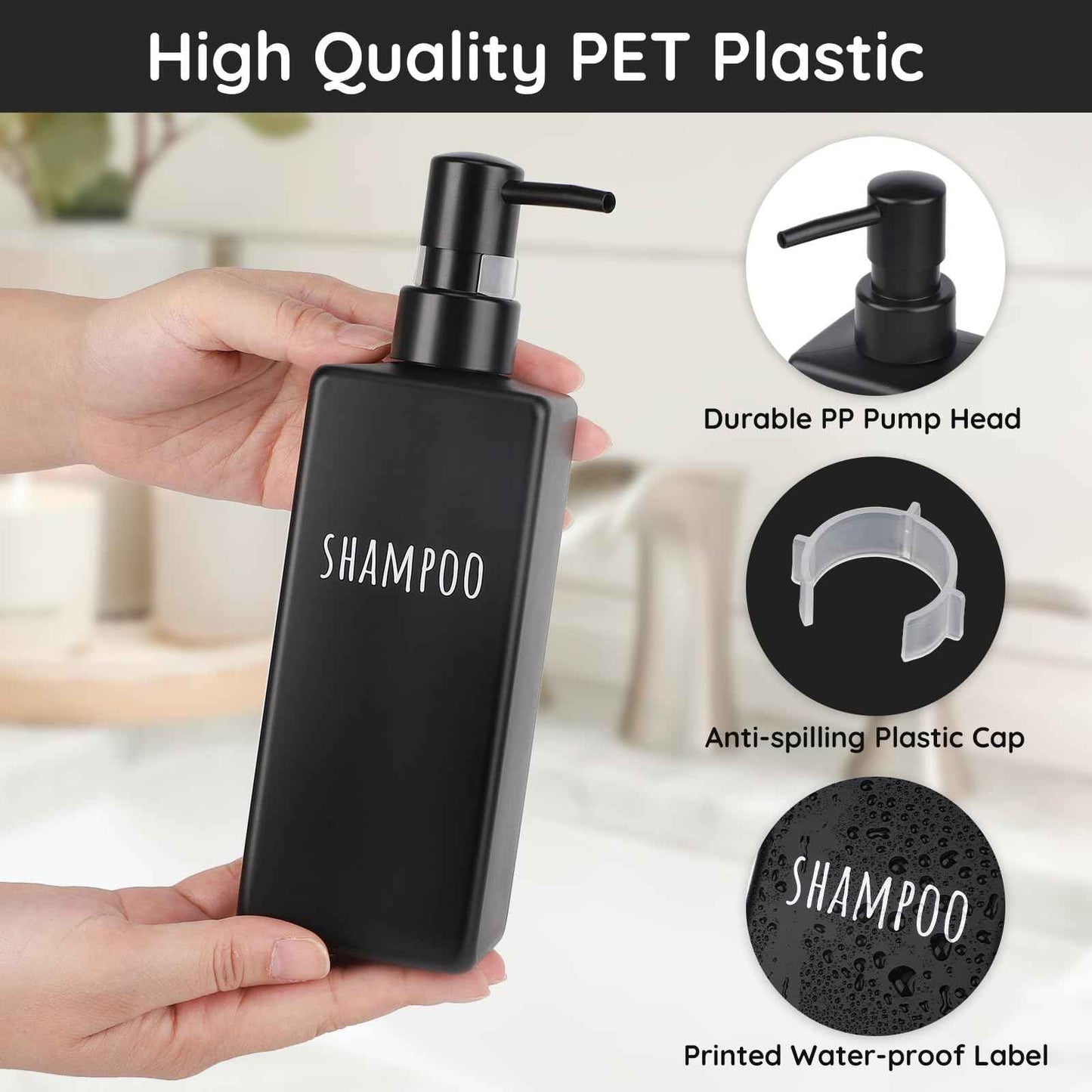 Segbeauty 6 Pack Matte Black Soap Dispenser, Plastic Square Shower Soap Dispenser, 16.9 oz Refillable Shampoo and Conditioner Bottles, 500 ml Empty Bathroom Countertop Soap Dispensers for Modern Hotel