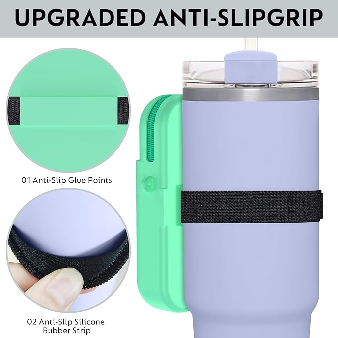 Water Bottle Pouch for Stanley Quencher Adventure 40oz & Stanley IceFlow 20oz 30oz Tumbler, Gym Water Bottle Silicone Rubber Pouch for Stanley Cup with Pocket for Cards, Keys, Earphone (Mint)