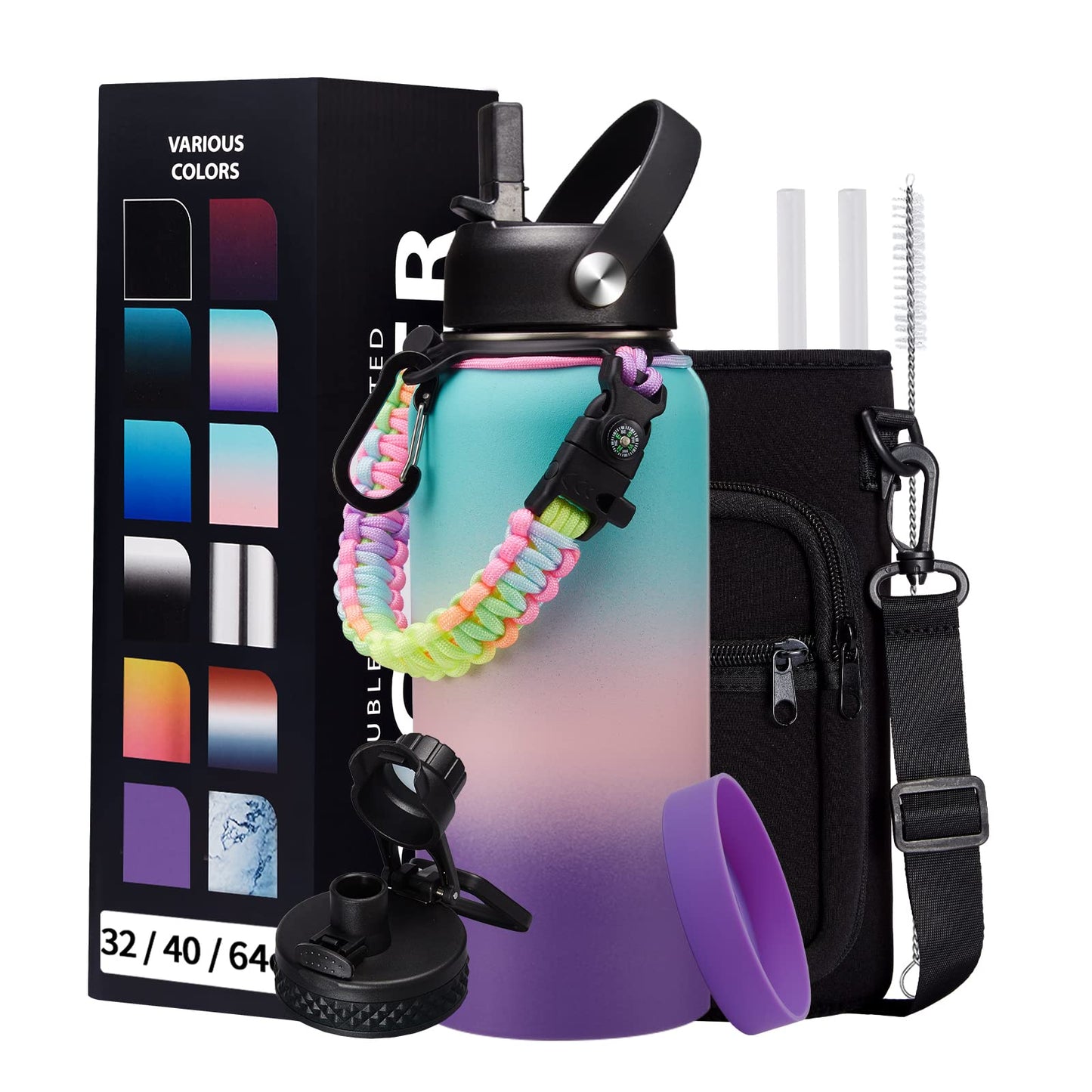 Insulated Stainless Steel Water Bottle - 32/40/64/128 oz Water Bottles with Straw & Spout Lids, Paracord Handle and Carrier Pouch, Workout Water Flask Bottle for Women Men Sport Activities