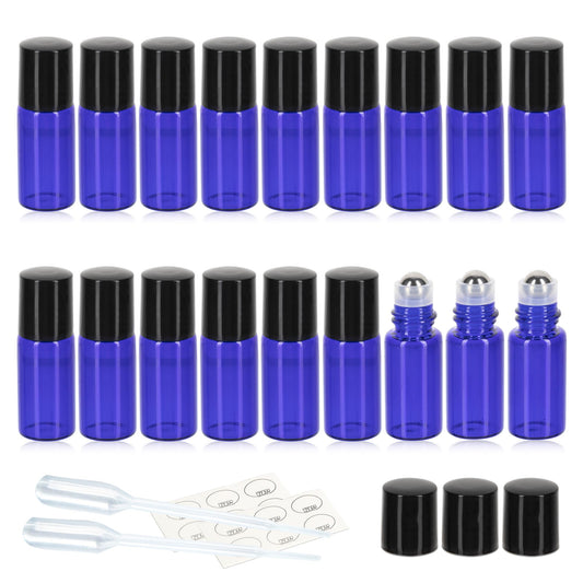 ZEJIA 3ml Roller Bottles 24Pack Cobalt Blue Thick Glass Essential Oil Bottles with Stainless Steel Roller Ball and 2 Droppers