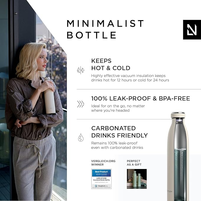 LARS NYSØM Stainless Steel Insulated Water Bottle 12oz 17oz 25oz 34oz 51oz | BPA-free Insulated Thermo Flask for Hot and Cold Beverages | Leakproof Drinking Bottle (Buttercream, 25oz)