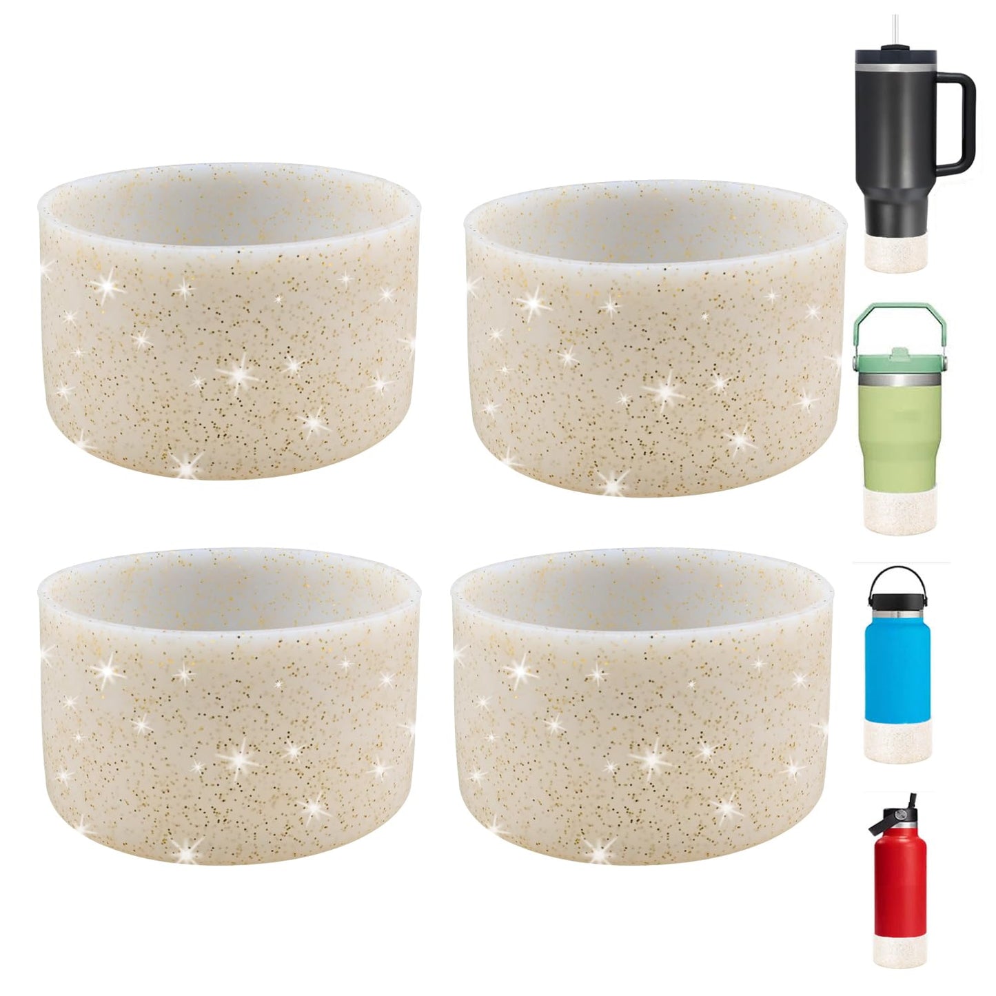 4Pcs Gold Glitter Silicone Boot for Stanley Cup H2.0 30oz 40 oz &Hydro Flask 12-24 oz and Water Bottle Bottom of 2.9-3in, Tumbler Boot Sleeve Cover Bottom Protector