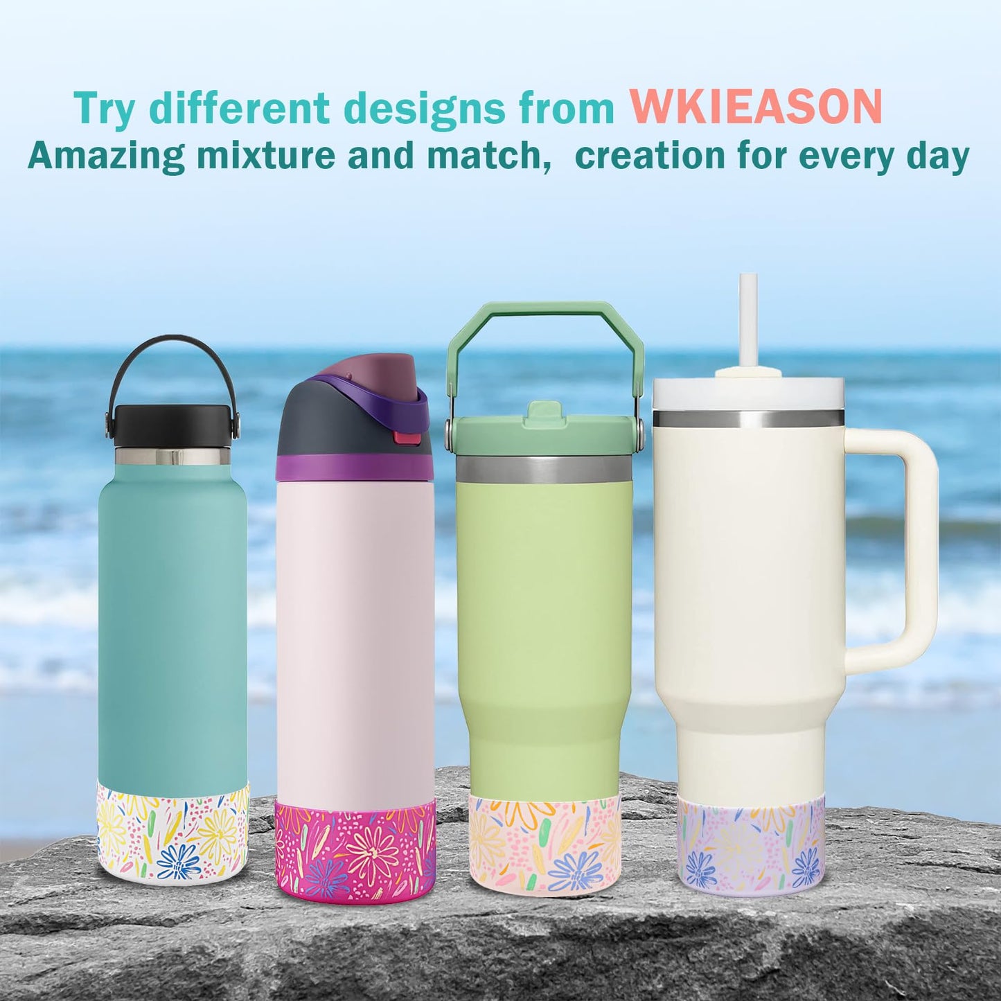 WK IEASON 2 Pcs Tumbler Bottom Protector Boot for Stanley Quencher Adventure 40oz & Stanley IceFlow 20oz 30oz and Compatible with Hydro Flask Water Bottle 12oz 21oz 24oz (Rose Quartz/Fog Flowers)