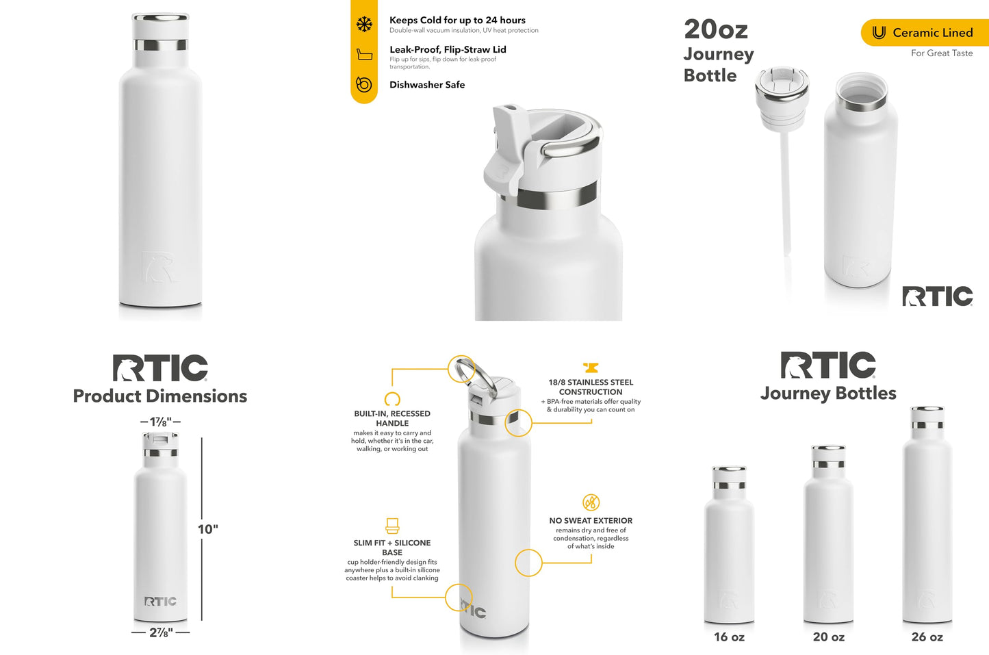 RTIC 20oz Journey Bottle Metal Stainless Steel Vacuum Insulated, BPA Free, Reusable, for Water, Hot and Cold Drinks, Travel, Sports, Camping, White