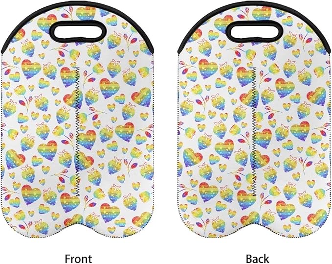 doginthehole 2 Bottle Wine Carrier Gift Bag Colorful Heart Print Neoprene Wine Tote Portable Champagne/Water Bottle/Beer/Drinks Carrying Bag for Travel, Picnic, Party