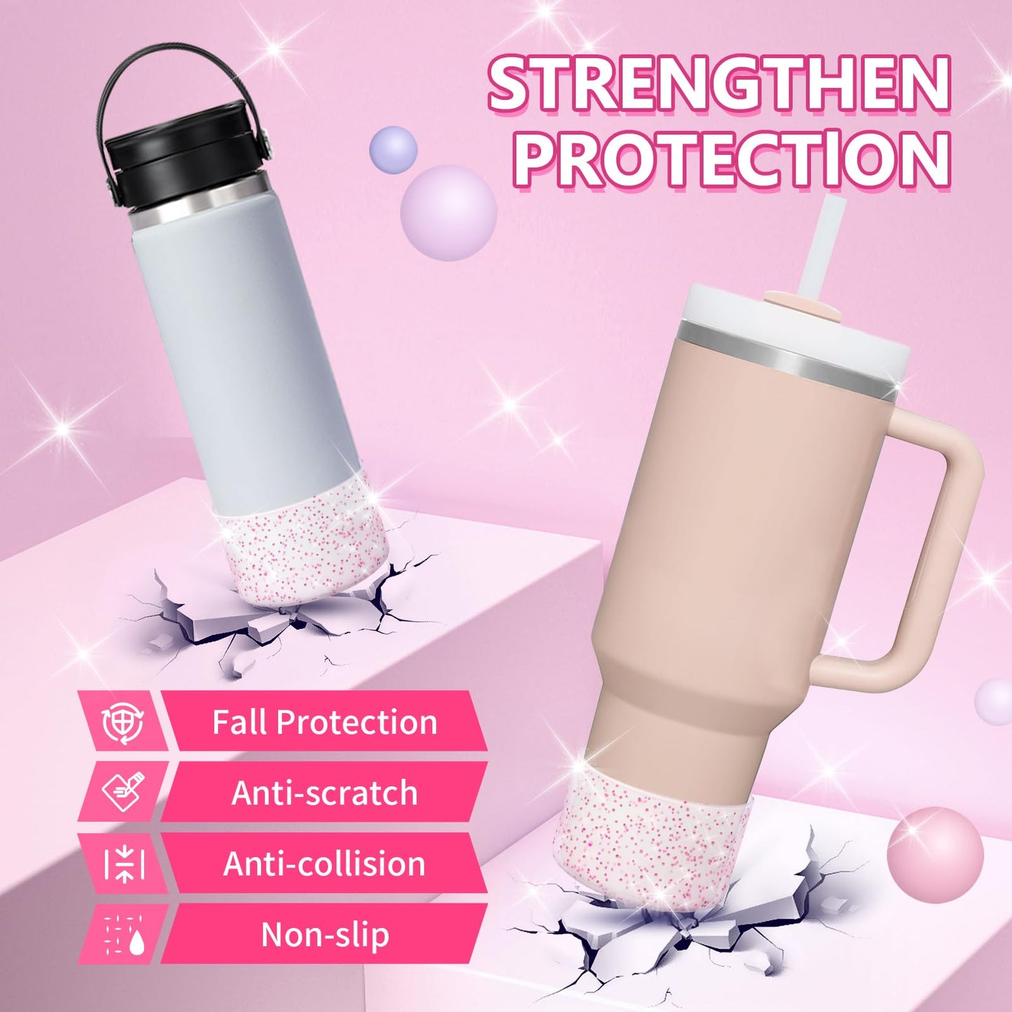 WUQID Protective Bling Silicone Boot Sleeve, Compatible with Stanley Tumbler 20-40oz & Hydro Flask Bottle 12oz-24oz, Glitter Reduces Dents Sleeve Cover for More Bottles/Tumblers Bottom of 2.83-2.95in