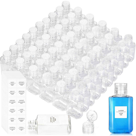Pumtus 60 Pack Plastic Refillable Flip-Top Bottles, 2 OZ Clear Empty Travel Hand Sanitizer with Flip Cap, Portable Small Liquid Squeeze Container for Shampoo, Lotions, Liquid Body Soap, Creams