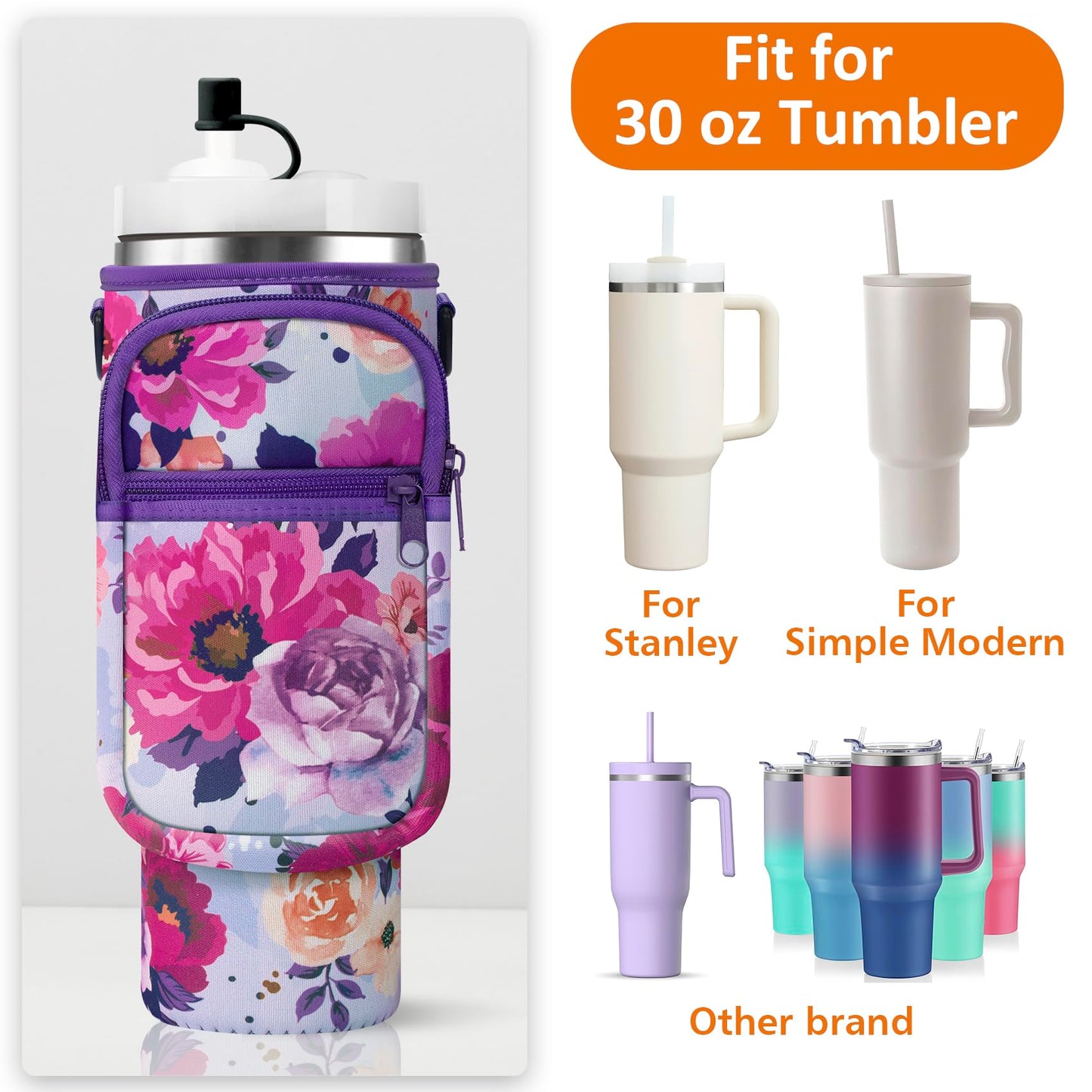 AceTreker Water Bottle Sling Bag with Paracord Handle for Stanley 30/40 oz Tumbler Insulated Thermos Car Mug Carrier Pouch with Phone Pocket & Straw Cap for Stanley Cup Accessories-Purple Rose
