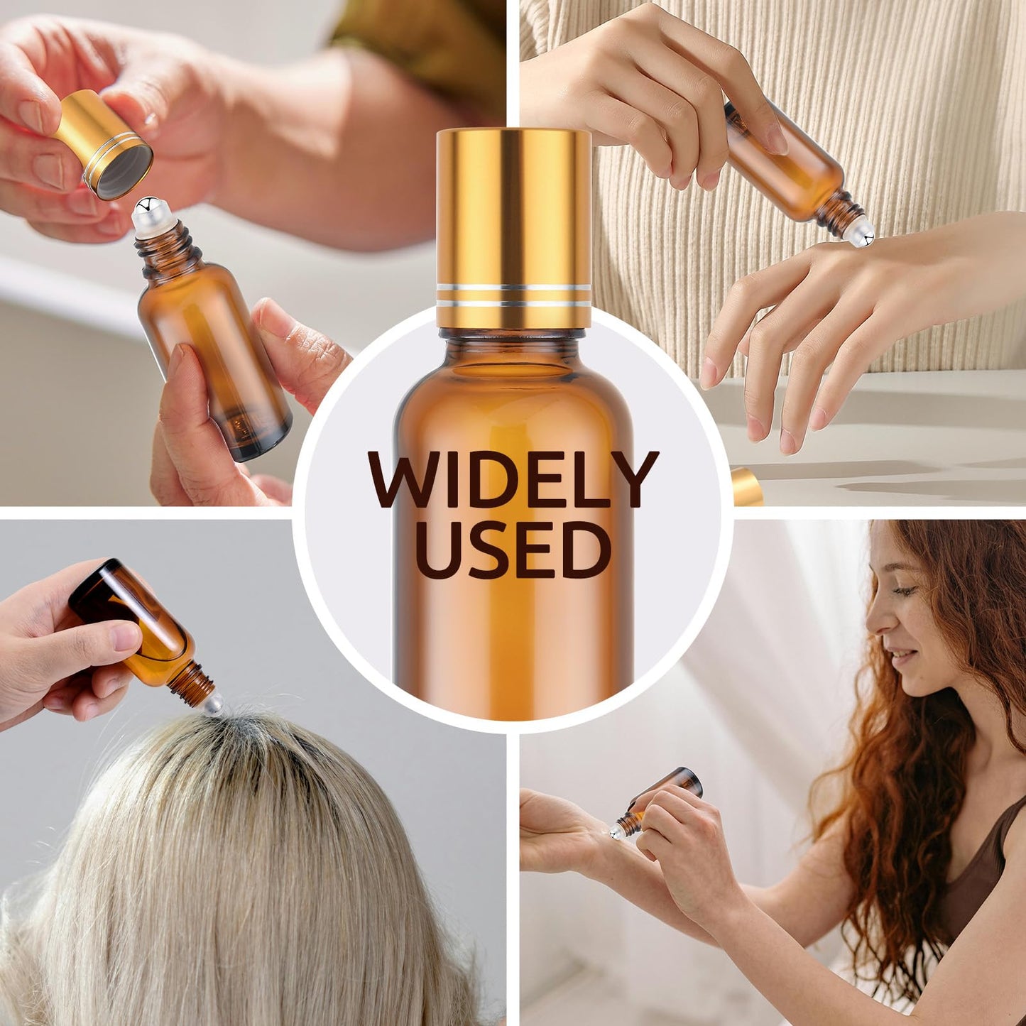 bofessor 30ml Glass Roller Bottles 4-Pack, Refillable Roll-On Bottles for Essential Oils, Perfume, and DIY Blends with Stainless Steel Rollers-Amber, Golden Cap