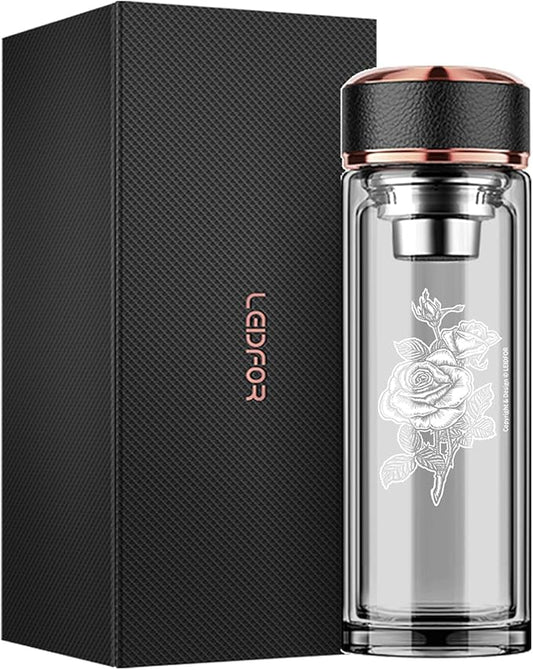 Tea Tumbler with Infuser - BPA Free Double Wall Glass Travel Tea Mug With Stainless Steel Filter - Leakproof Tea Bottle with Strainer for Loose Leaf Tea and Fruit Water 17 oz Rose