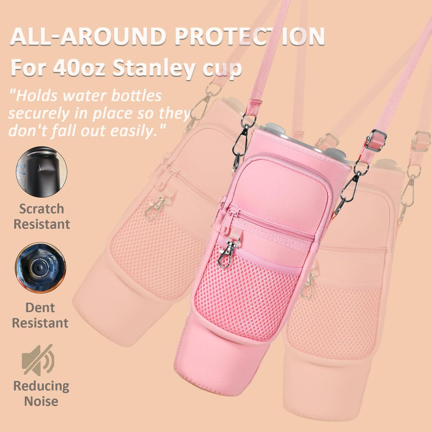 WEREWOLVES Water Bottle Carrier Bag with Phone Pocket for Stanley 40 oz Tumbler, Water Bottle Holder with Adjustable Strap & Paracord Handle, Neoprene Holder for Stanley Cup Accessories (Pink)
