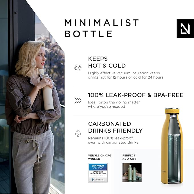 LARS NYSØM Stainless Steel Insulated Water Bottle 12oz 17oz 25oz 34oz 51oz | BPA-free Insulated Thermo Flask for Hot and Cold Beverages | Leakproof Drinking Bottle (Spicy Mustard, 17oz)