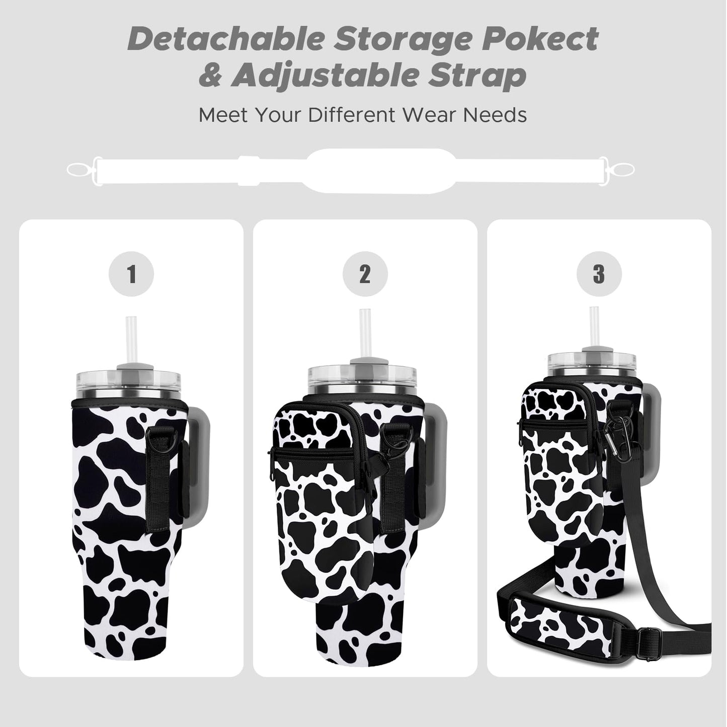 Watter Bottle Carrier Bag with Detachable Pocket Compatible with Stanley& Simple Morden 40oz Tumbler with Handle,Water Cup Holder with Adjustable Shoulder Strap& Carabiner for Stanley Cup Accessories