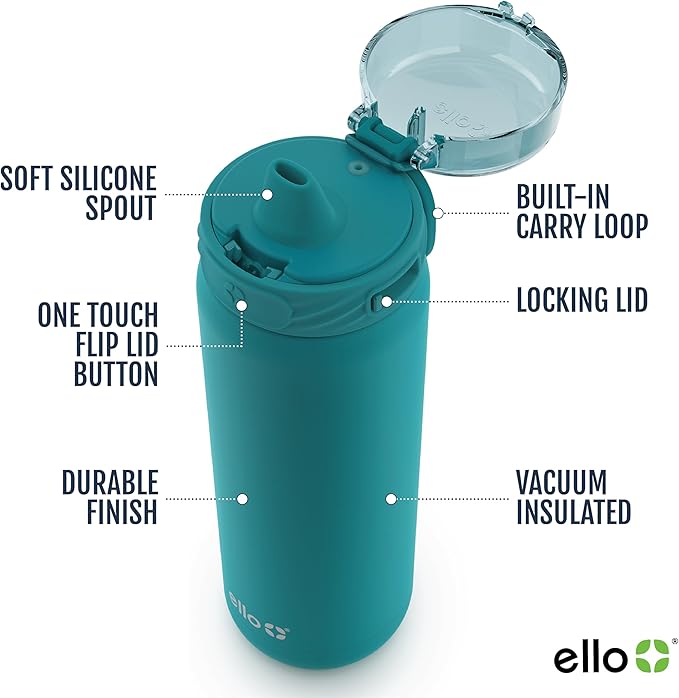 Ello Cooper 32oz Stainless Steel Water Bottle with Straw and Carry Handle, Double Walled and Vacuum Insulated Metal, Leak Proof Locking Lid with Soft Silicone Spout, Reusable, BPA Free, Antigua