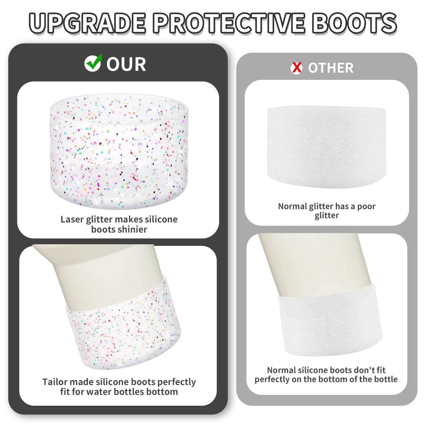WUQID Protective Bling Silicone Boot Sleeve, Compatible with Stanley Tumbler 20-40oz & Hydro Flask Bottle 12oz-24oz, Glitter Reduces Dents Sleeve Cover for More Bottles/Tumblers Bottom of 2.83-2.95in