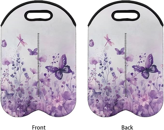 doginthehole Wine Carrier Tote 2 Bottle Wine Bag Aesthetic Watercolor Purple Floral Butterfly Print Neoprene Wine Bottle Holder Water Bottle/Beer/Drinks/Champagne Bottle Protective Bags