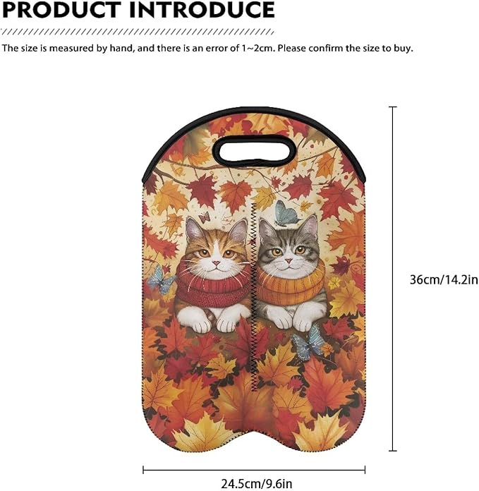doginthehole Cute Cats Wine Bottle Holder 2 Bottle Wine Carrier Tote Bags Fall Maple Leaves Portable Champagne/Water Bottle/Beer Carriers Bag Case for Travel, Picnic, Party, Thanksgiving Day