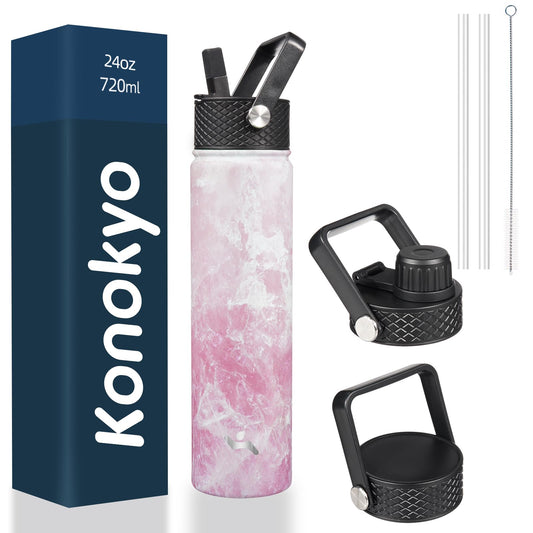 Konokyo Insulated Water Bottle 24oz Stainless Steel Sport Bottles with 3 Lids,Marble Blossom