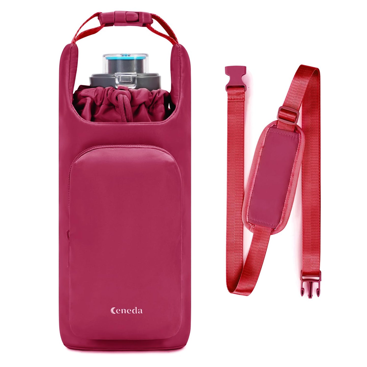 Ceneda Water Bottle Carrier Bag with Phone Pocket 32oz 40oz Tumbler Insulated Water Bottle Holder with Adjustable Shoulder Strap Carrier Sling Bag (Red)
