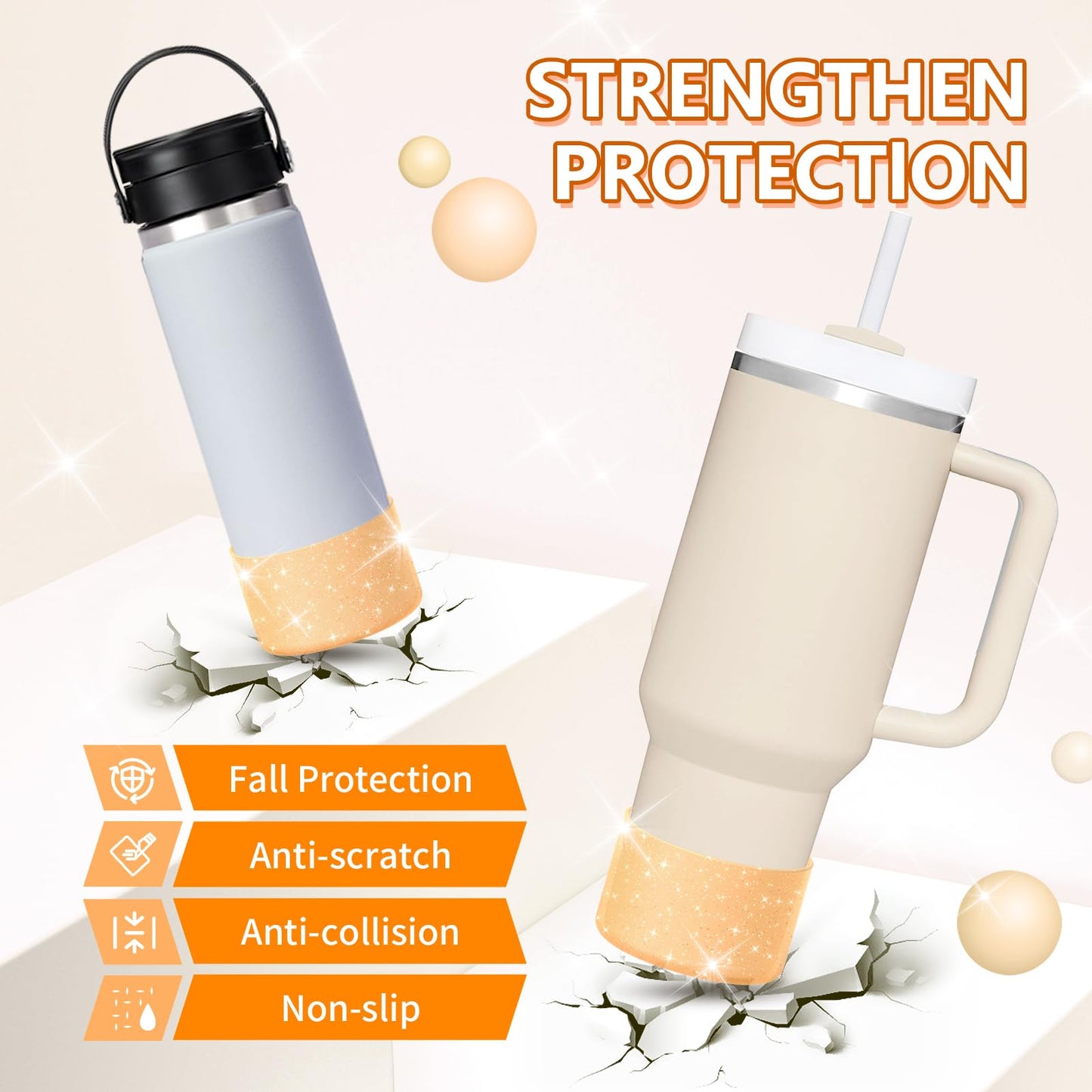 WUQID Protective Bling Silicone Boot Sleeve, Compatible with Stanley Tumbler 20-40oz & Hydro Flask Bottle 12oz-24oz, Glitter Reduces Dents Sleeve Cover for More Bottles/Tumblers Bottom of 2.83-2.95in