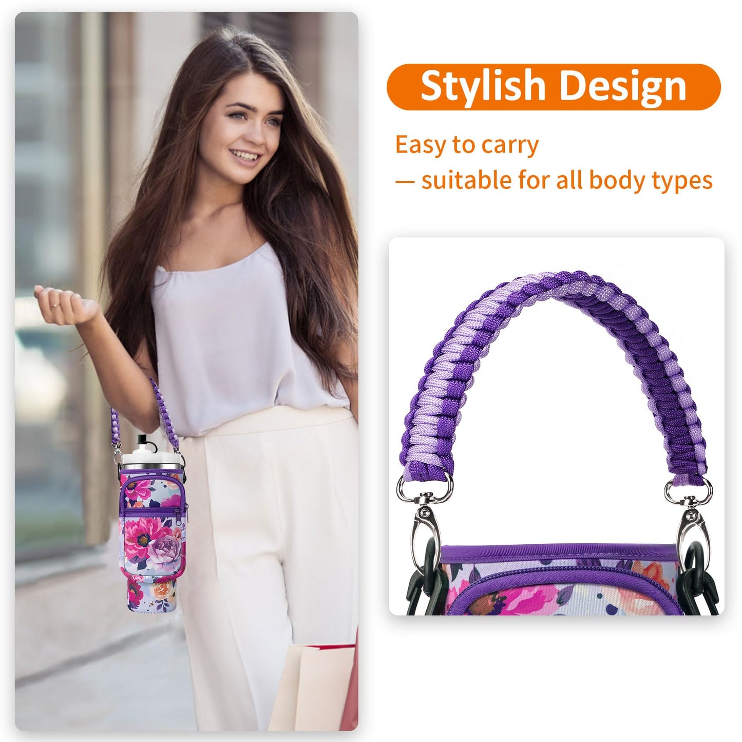 AceTreker Water Bottle Sling Bag with Paracord Handle for Stanley 30/40 oz Tumbler Insulated Thermos Car Mug Carrier Pouch with Phone Pocket & Straw Cap for Stanley Cup Accessories-Purple Rose