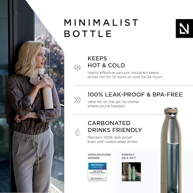 LARS NYSØM Stainless Steel Insulated Water Bottle 12oz 17oz 25oz 34oz 51oz | BPA-free Insulated Thermo Flask for Hot and Cold Beverages | Leakproof Drinking Bottle (Greige, 25oz)