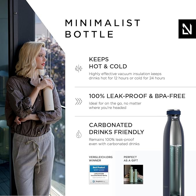 LARS NYSØM Stainless Steel Insulated Water Bottle 12oz 17oz 25oz 34oz 51oz | BPA-free Insulated Thermo Flask for Hot and Cold Beverages | Leakproof Drinking Bottle (Navy Blue, 25oz)
