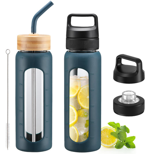 Kodrine 24 oz Glass Water Bottle with Straw, Clear Water Bottle Chug Lid and Bamboo Straw Lid, Borosilicate Glass Bottle 2 Lids Handle Top, Wide Mouth Water Bottle With Silicone Sleeve, Navy Blue