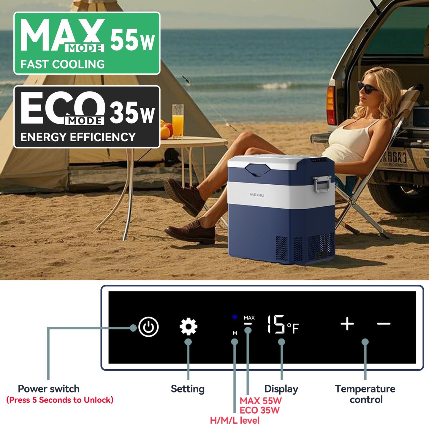 Megiu 12 Volt Refrigerator Car Fridge Portable 12V 45 Quart Freezer Compressor Cooler 12V/24V DC 110～240 V AC for Truck Van RV Camper SUV and Home Use