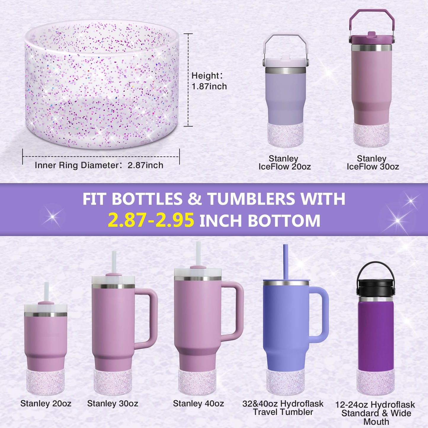 WUQID Protective Bling Silicone Boot Sleeve, Compatible with Stanley Tumbler 20-40oz & Hydro Flask Bottle 12oz-24oz, Glitter Reduces Dents Sleeve Cover for More Bottles/Tumblers Bottom of 2.83-2.95in