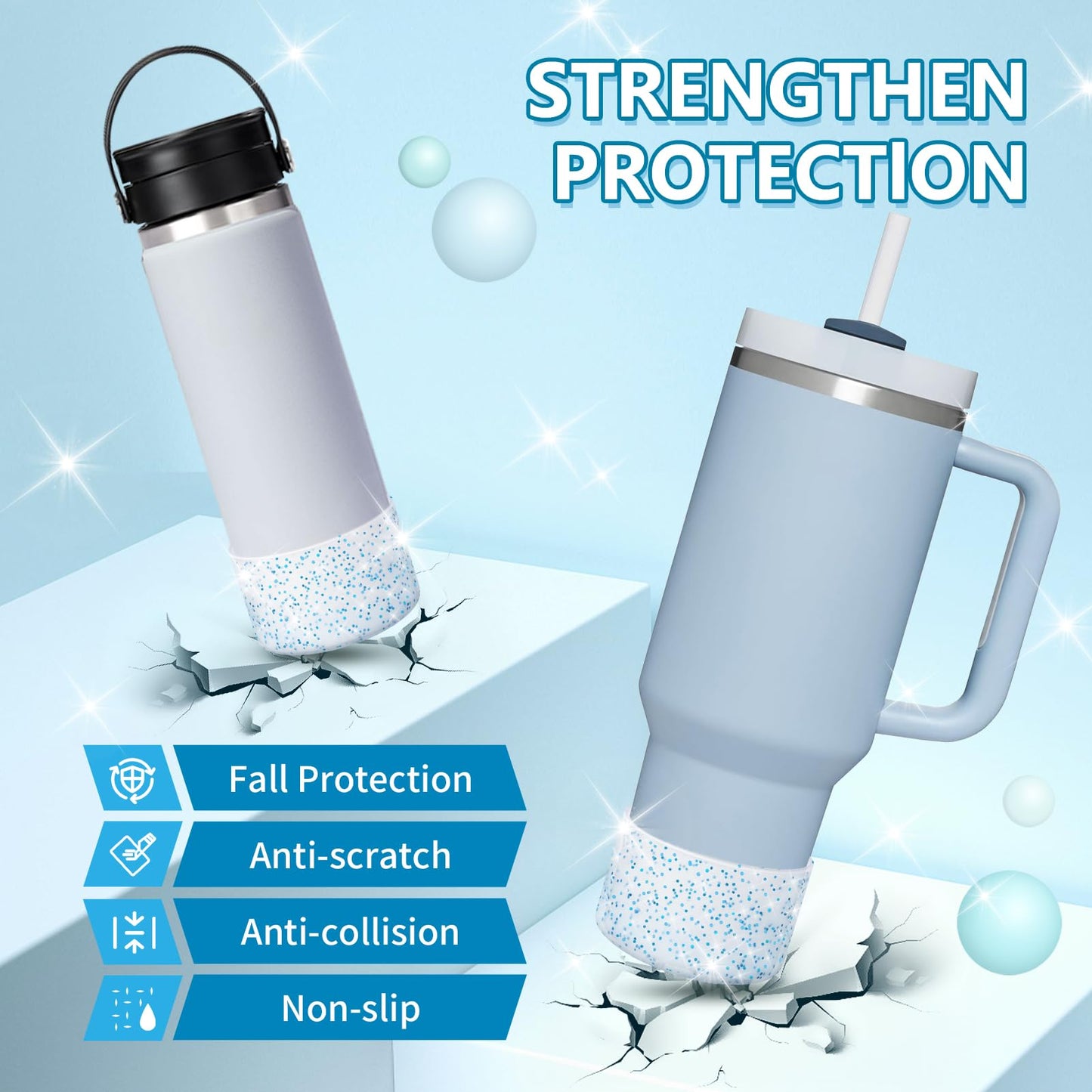 WUQID 2 Pack Bling Silicone Boot Compatible with Stanley Quencher Adventure 40oz & Stanley IceFlow 20oz 30oz, Reduces Dents Protective Silicone Water Bottle Bottom Cover Sleeve